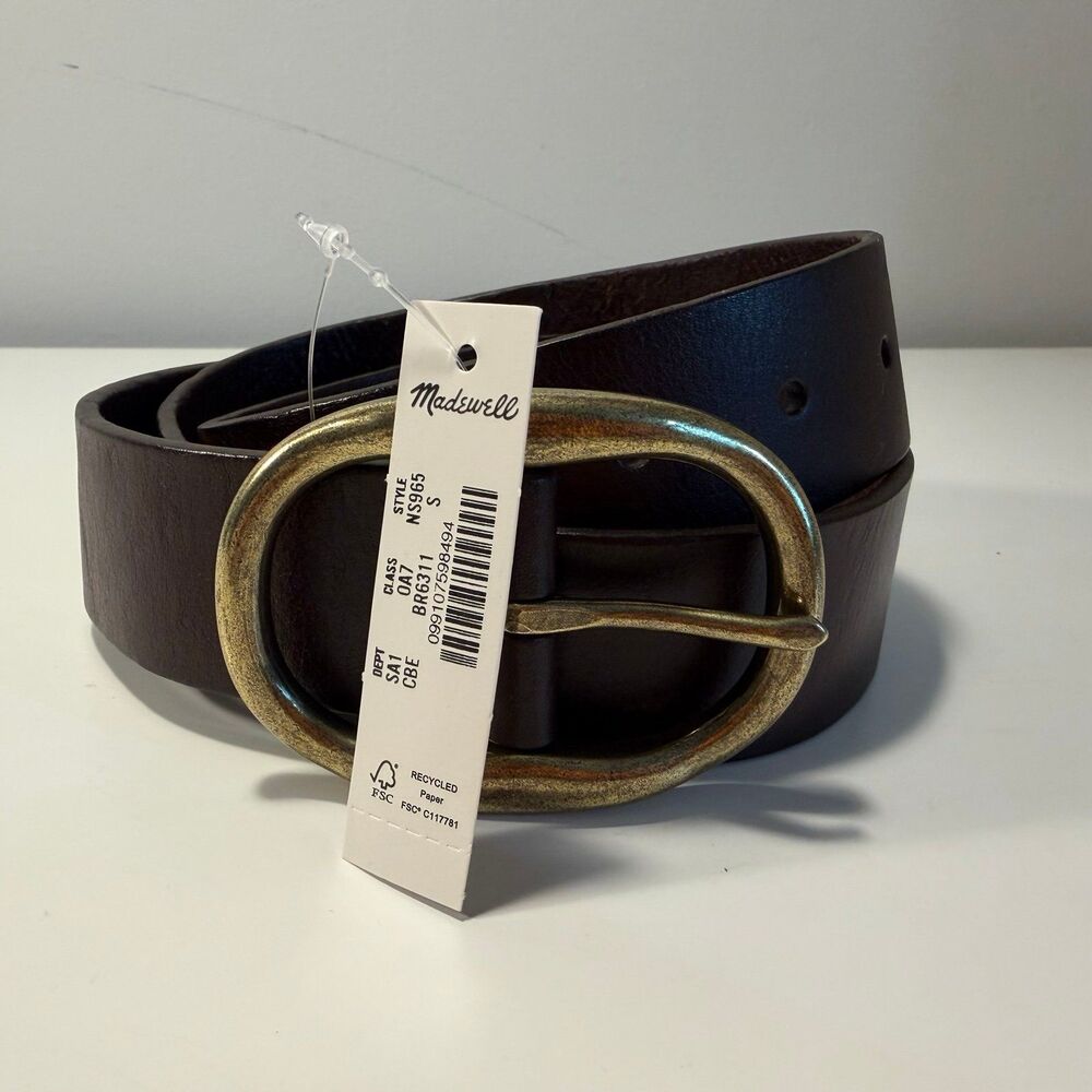 Madewell Women's Brown Leather Belt with Gold Oval Buckle, Small